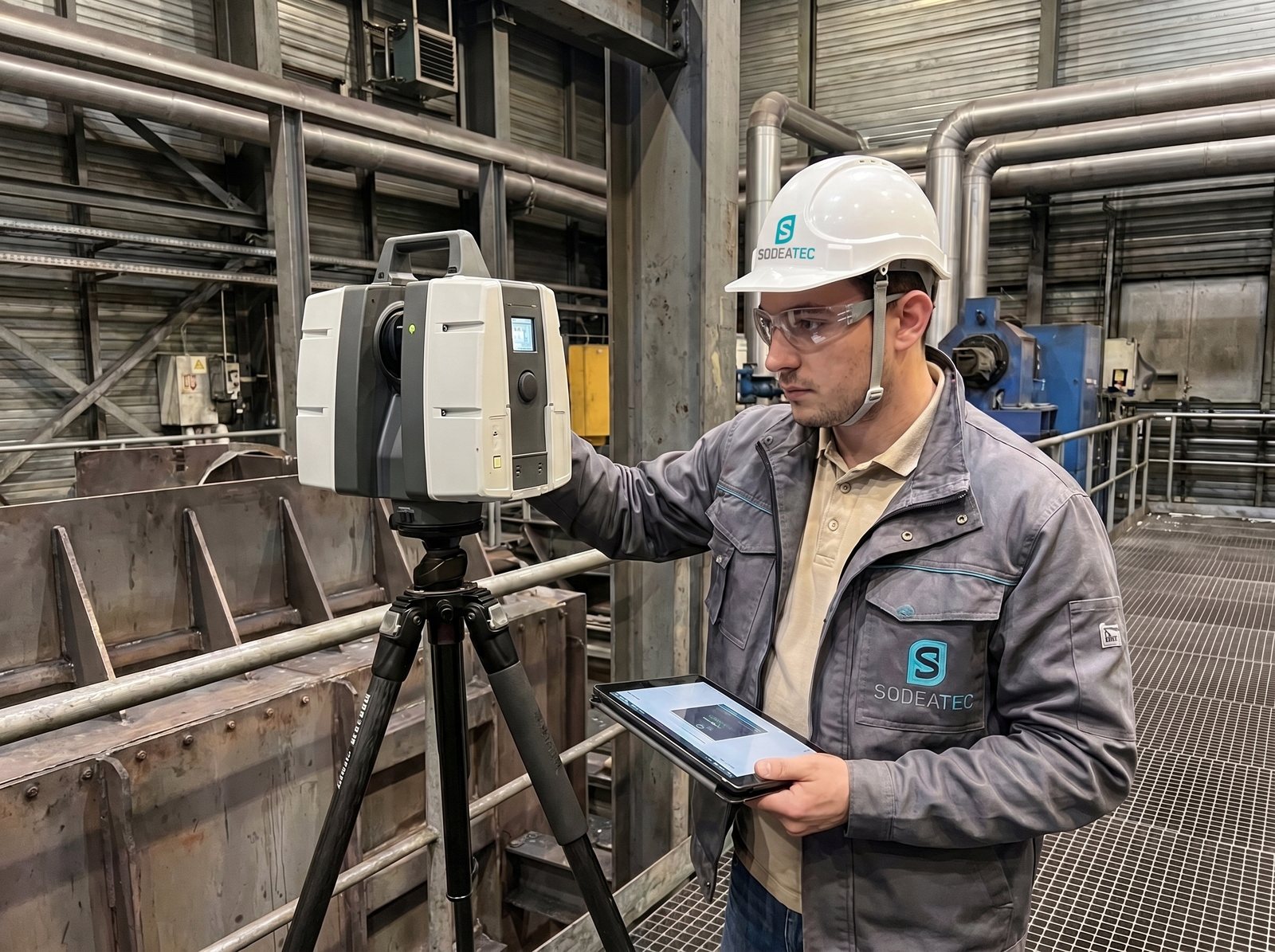 Technicien SODEATEC casqué réalisant un relevé au scanner laser 3D sur un site industriel