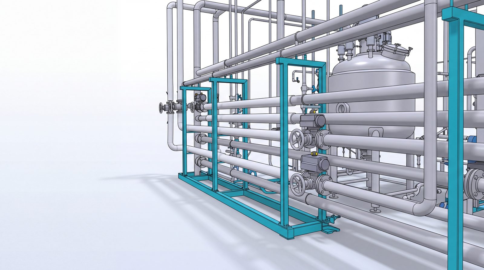 Maquette 3D SolidWorks de l'installation, supports et rack en cyan