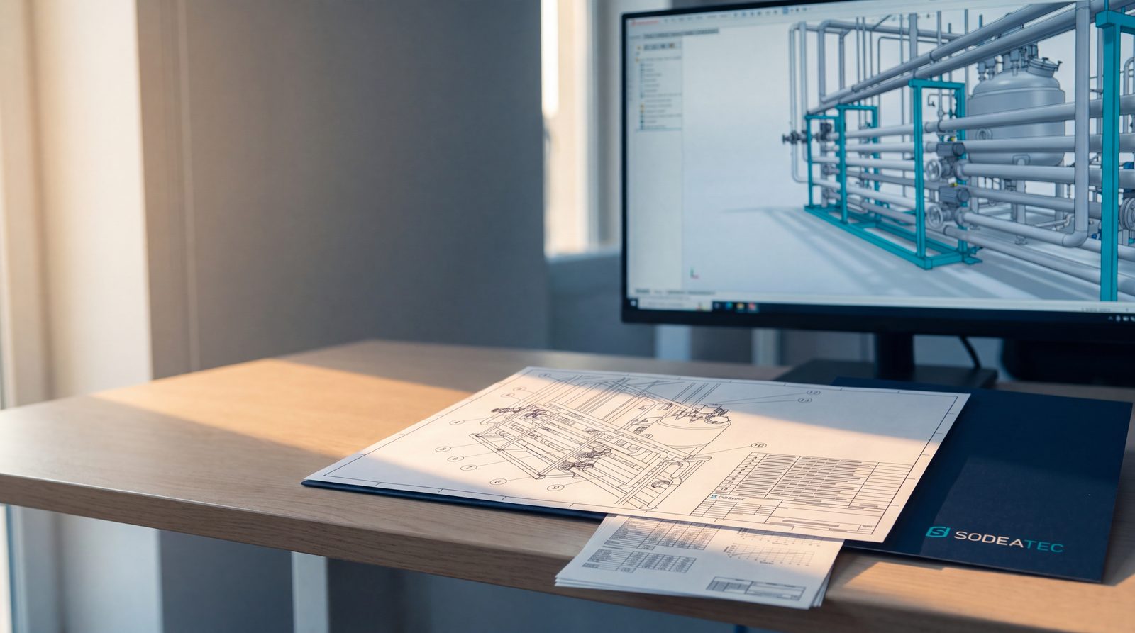 Plan imprimé posé sur la pochette SODEATEC, maquette affichée à l'écran au bureau d'études