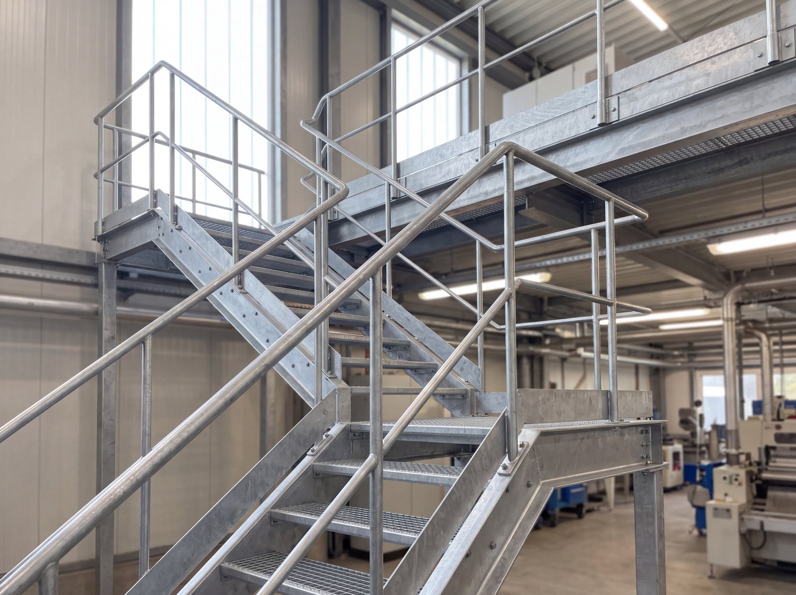 Escalier industriel en acier galvanisé avec palier, garde-corps et plateforme en caillebotis